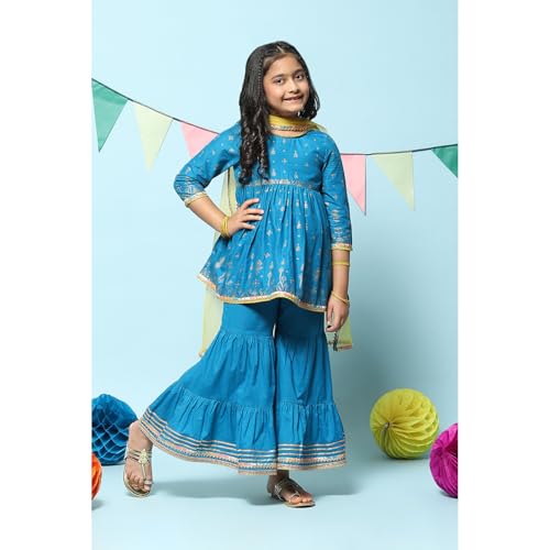 BIBA Girl's Cotton Printed Gathered Kid Kurta with Pant & Dupatta(Kw5482_Blue_9)