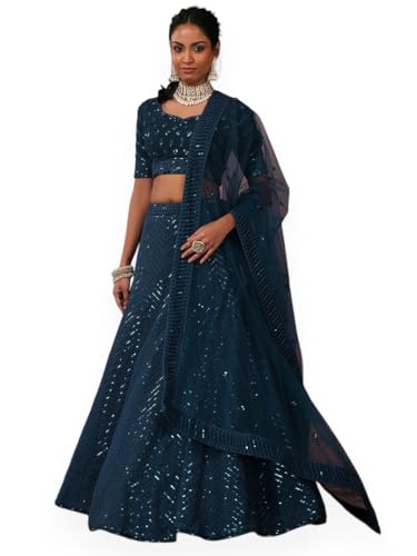 Zeel Clothing Women's Threads Sequins Embroidered Georgette Semi-Stitched Lehenga Choli With Dupatta (5089-Rama-Wedding-Stylish-Latest; Free Size)