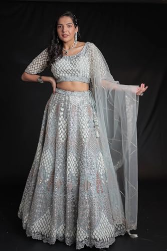 Women's Net Lehenga with Threadwork and Embellished Detailing