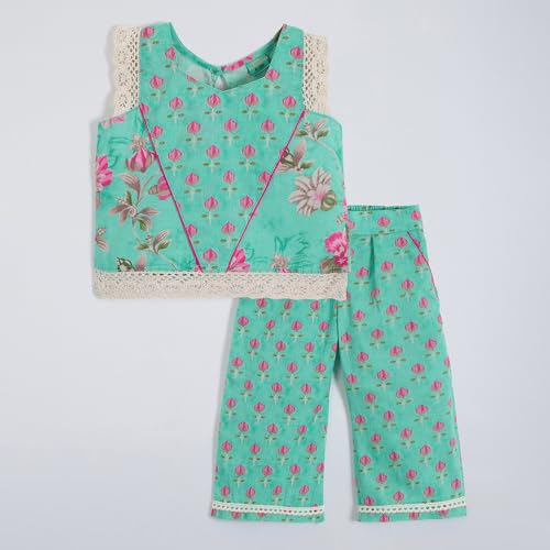 Hopscotch Girls Sleeveless Teal 2-Pc Floral Cotton Palazzo Set For Age (4-5 Years)