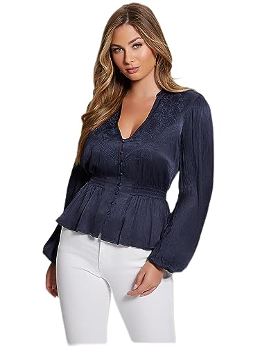 GUESS Women Navy Blue Embroidered V-Neck Full Sleeves Peplum Top