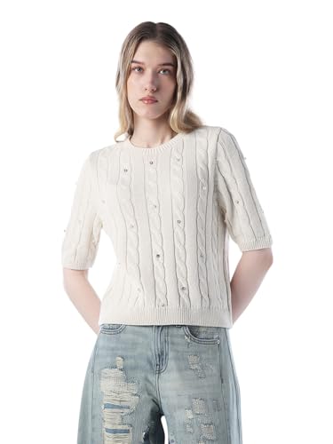 ONLY Women's Self Design Regular Fit White Sweater