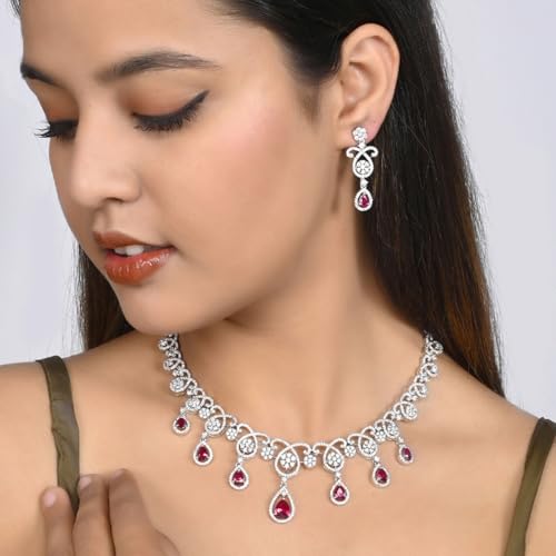 VOYLLA Cz Elegance Red Teardrop Cut Jewellery Set For Women|Womens Jewellery Set|Gift For Women|Womens Gift|Gift For Her|