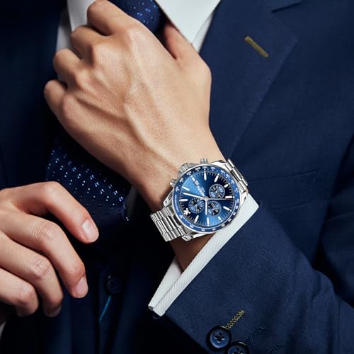 NIBOSI Chronograph Quartz Premium Classic Wrist Watches for Men, Formal Stainless Steel Metal Chain Men’s Watch with Date and Luminous Function Gift for Men (Silver-Blue)