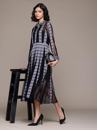 Label RITU KUMAR Collar Neck Full Sleeves Printed Long Dress Black