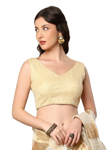SALWAR STUDIO Golden Georgette V-Neck Readymade Sleeveless Saree Blouse