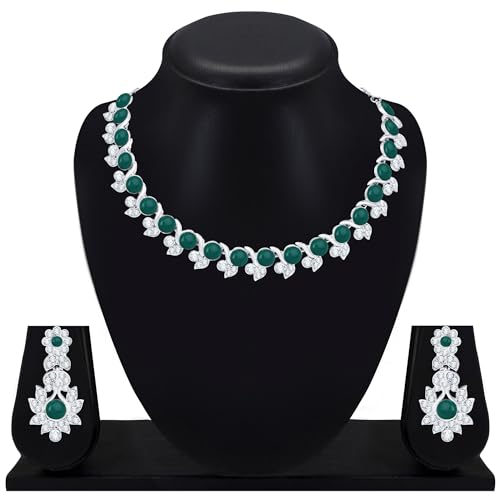 Atasi International Silver Plated Emerald Green Crystals Women's Necklace Set | Jewellery Set With Earrings | RDG5764