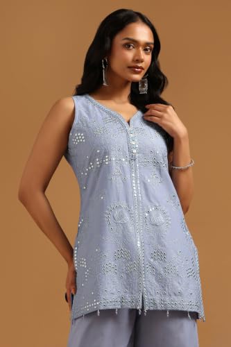 Soch Womens Blue Cotton Floral Embroidered Kurta Set With Sequins
