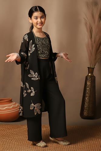 Fashion Dream Girl's Georgette Embroidered Salwar Suit Set|Suit for Girls|Salwar suit for kids|Ethnic Wear|Indo Western Set (FDGSET00504 BLK 40_Black_13-14 Years)