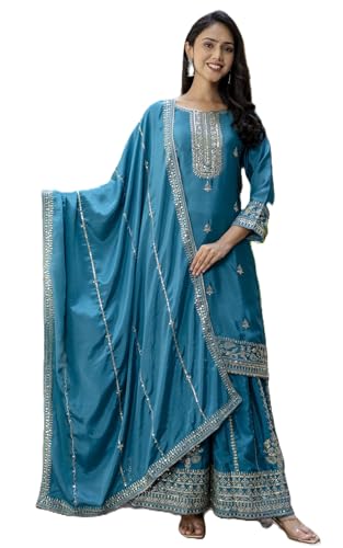 Leeli Peeri Designer Women's Chinon Silk Embroidery Kurta Sharara Set With Dupatta
