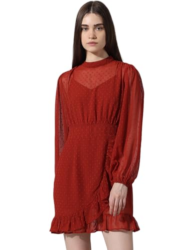 ONLY Women's Polyester Fit and Flare Above The Knee Dress (15338175-Red Ochre_Red