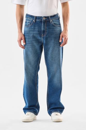 SNITCH Men Casual Jeans | Loose Fit Mid Rise Blue Stone-Wash Design | 100% Cotton Smooth Texture & Durable Stitching for Everyday Comfort & Style