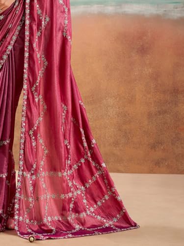 AKHILAM Women's Pink Georgette Embellished Saree With Unstitched Blouse Piece (PARINAY1004_SR)