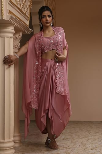 BIBA Women Rose Pink Viscose Organza Fusion Skirt Set_36