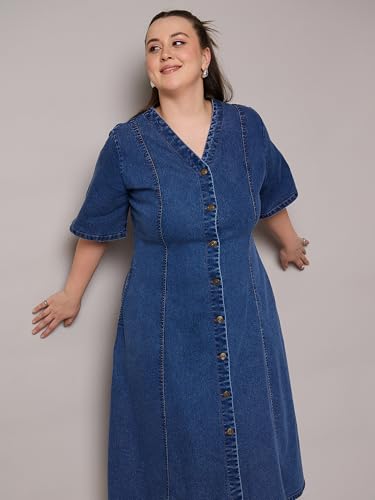 SASSAFRAS Curve Navy Denim V Neck Midi Dress