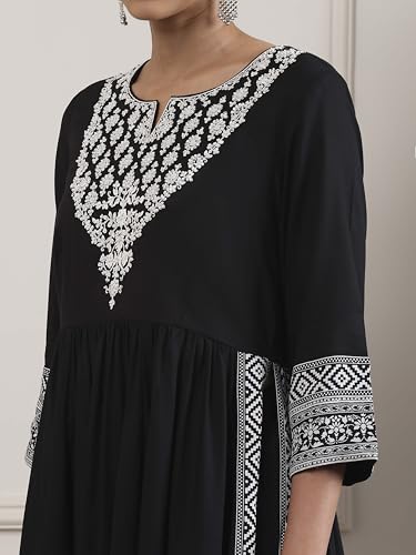 Biba Women Black Viscose Rayon Gathered Suit Set_32