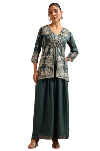 Soch Womens Teal Vichitra Botanical Zari Embroidered Co-Ord Set With Sequins