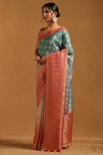 Soch Womens Light Pink Tussar Checked Saree With Zari Work