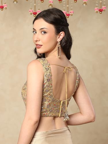 S SALWAR STUDIO Golden Embroidered Net Sleeveless Readymade Saree Blouse