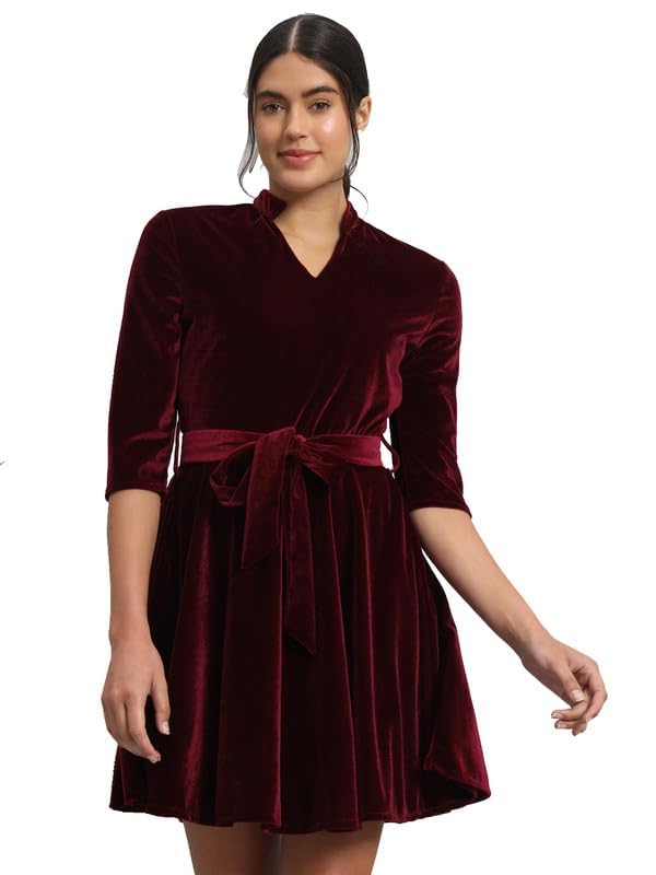Vaararo Velvet Fit & Flare Mini Dress | Elegant with Belt & Mandarin Neck Sporty Maroon X-Small