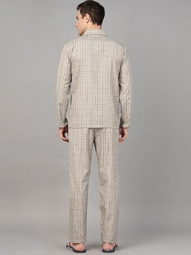English Navy Men Checked Night Suit Khaki S, Ideal for Daily Loungewear and Sleepwear, Gentle on Skin for All Night Comfort, Machine Washable Easy Care Fabric