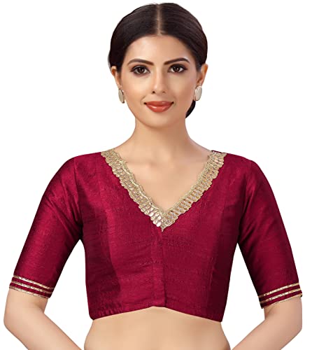 Studio Shringaar Women's Readymade Silky Saree Blouse with Embroidered Neckline (Maroon, 44)