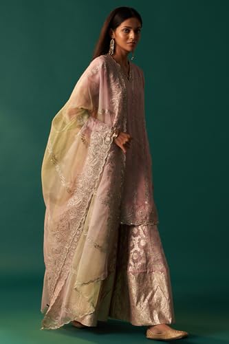 Wishful Women's Lilac Embroidered Panelled Silk Organza Short Kurta with Culotte and Dupatta Set (SP12569-223338-S)