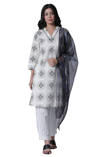 W for Woman White Geometric Printed V-neck Cotton Kurta, Salwar with Dupatta Set_24ONWS10600-123025_XL