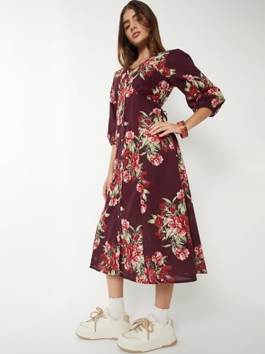 Max Women Floral Print A-line Dress(Red_S)