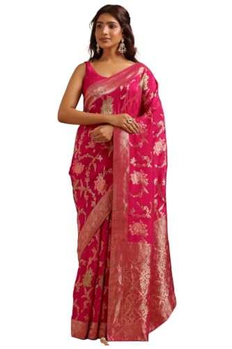Soch Womens Fuchsia Crepe Botanical Zari Woven Saree