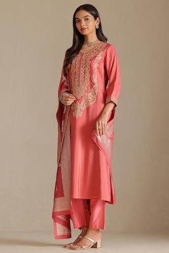 Soch Womens Pink Muslin Embroidered Suit Set With Zari
