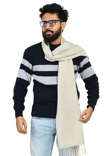 MANRA Men's Woolen Printed Soft & Warm Muffler, Scarf For Winter (MEN FISH BONE MUFFLER-LIGHT GREY)