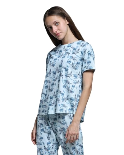 Wacoal Women’s Snooze Club Short Sleeve Full Length Comfort Fit Pure Cotton Pajama Set-Blue (XL)