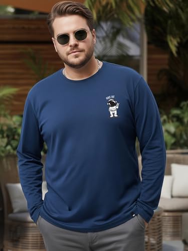 Bewakoof Men's Graphic Print Regular Fit Full Sleeve Round Neck Cotton Plus Size T-Shirt_694240_Blue_5XL