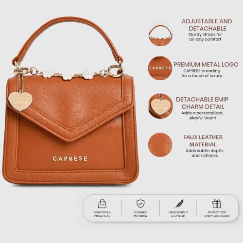 Caprese X Emily in Paris Tiara Small Satchel - Premium Textured Faux Leather Handbag for Women with Multi-Compartment Interior, Adjustable Detachable Strap & Exclusive Chain Flower Charm