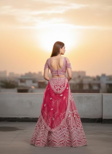 Women's Pink Net Embroidered Lehenga With Net Dupatta And Unstiched Choli