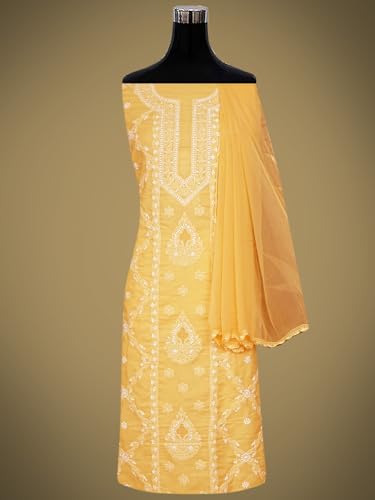 Ada Hand Embroidered Lucknowi Chikankari Unstitched Cotton Dress Material Suit Piece with Dupatta for Women 01A869337 Yellow