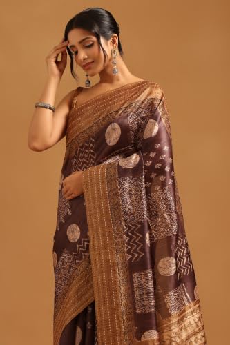 Soch Womens Brown Tussar Ethnic Motifs Kantha Embroidered Saree