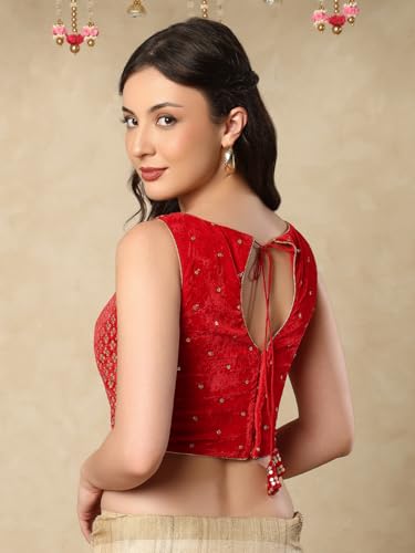 SALWAR STUDIO Red Velvet Sleeveless Readymade Saree Blouse