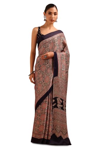 Soch Womens Navy Blue Viscose Ajrak Saree