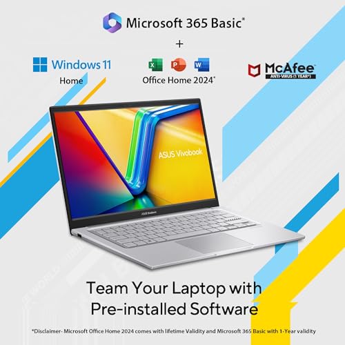 ASUS Vivobook 14 (2025),13th Gen, Intel Core i3-1315U, 8GB RAM, 512GB SSD, FHD, 14", (35.5 cm) Windows 11 Home, M365 Basic(1 Year)* Office 2024,Cool Silver,1.4 Kg, X1404VA-EB321WS, Thin & Light Laptop
