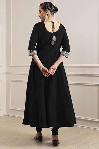 Biba Women Black Polyester Blend Solid Anarkali Suit Set_32