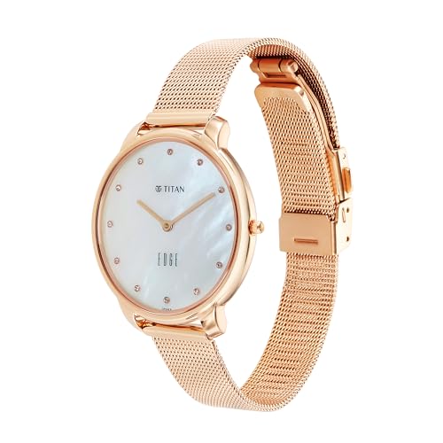 EDGE Titan Metal Ladies Allure Quartz Analog Mother of Pearl Dial Rose Gold Stainless Steel Strap Watch for Women - NT2654WM02