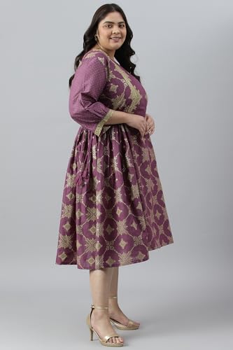 W for Woman Women's Cotton Plus Size Purple Festive Gathered Dress with Sequin Calf Length Orchid