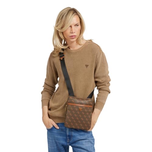 GUESS Men Brown Polyurethane Monogram Milano Crossbody Bag with Zipper