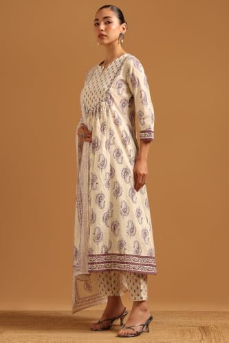 Soch Womens Off-White Cotton Block Printed Paisley Salwar Suit