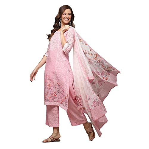 Biba Women's Cotton Printed Straight Salwar Kurta Dupatta (Skdassorted8740_Pink_38)