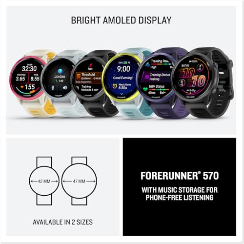 Garmin Forerunner 570 42mm GPS Running Smartwatch, Cloud Blue | Advanced Training & Recovery, Sleep Coach, Heart Rate, Download Music, Up to 10 Day Battery | Signature Series Power Bundle