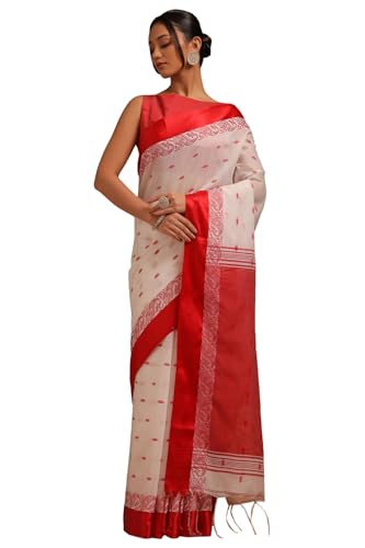 Soch Womens White Cotton Woven Design Saree