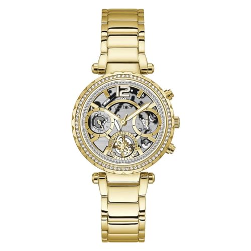 GUESS Solstice Analog Watch for Women with Clear Round Dial & Gold Stainless Steel Bracelet Band Water Resistant Women's Wrist Watches - GW0403L2